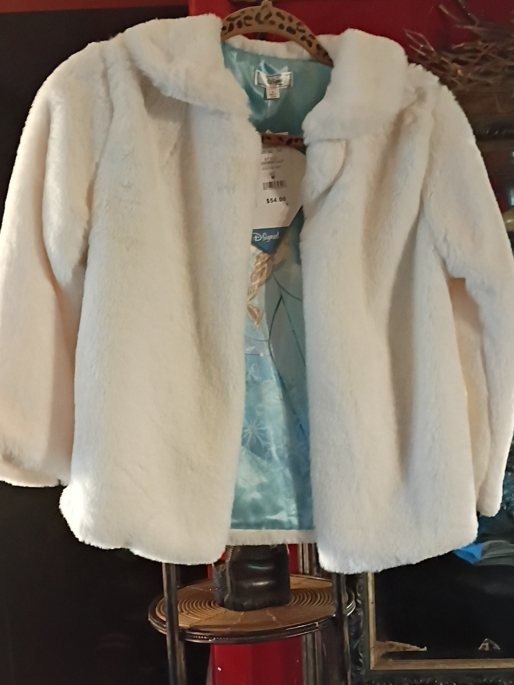 Disney White Faux Fur Girls' Pea Coat with Light Blue Lining